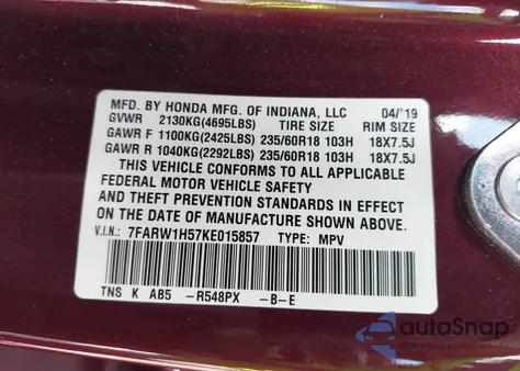 2019 Honda Cr-V Ex из США, поврежденный, VIN 7FARW1H57KE015857